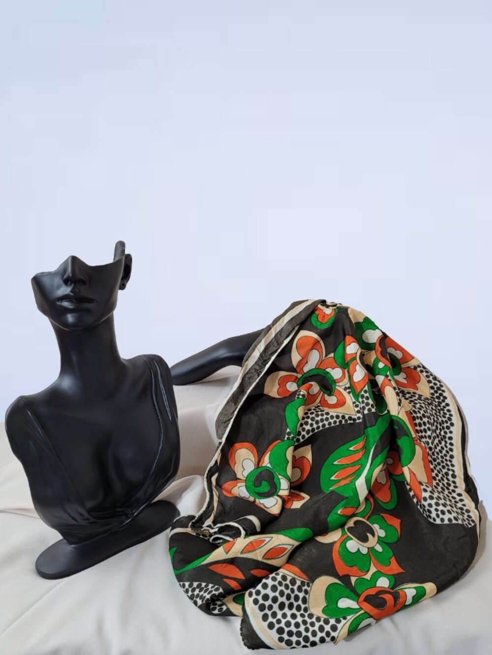 Vintage Floral Acetate Scarf | Green & Orange 70s Retro Square Neck Wrap